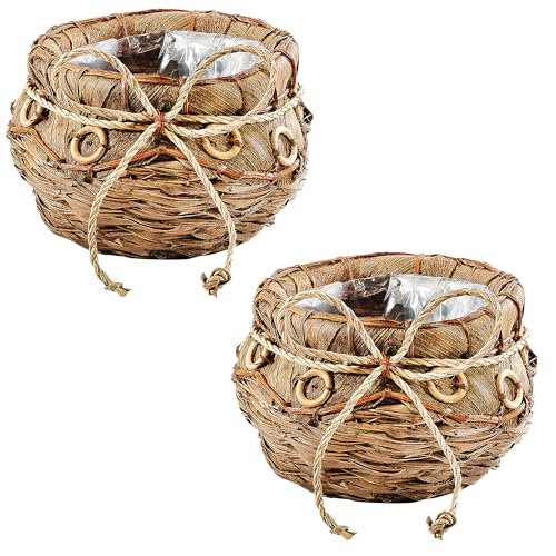 Kobolo 2er Set Übertopf aus Kokos |Ø 35 cm H 22 cm | handgefertigte geflochtene Pflanzkörbe mit Folie in Braun | Natürliche Übertöpfe | Blumentöpfe im Boho-Look für Indoor & Outdoor von Kobolo