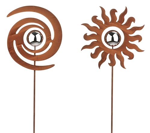 Kobolo Gartenstecker Mix Felix, 2er Set, Metall in Rostoptik, dekorative Blumenstecker mit Edelstahlkugel, sonnenförmiges Design & Spiralform für Garten, Balkon & Blumentopf von Kobolo