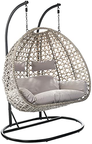 Kobolo Hängekorb Hängesessel Polyrattan für Zwei Personen inkl Gestell und Kissen Beige Innenbereich geschützter Außenbereich von Kobolo