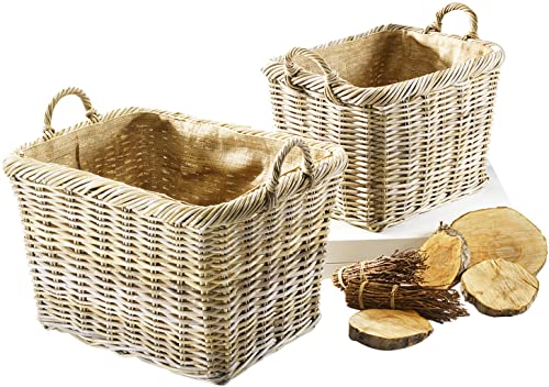 Kobolo Holzkorb für Kaminholz Kaminkorb rechteckig Kubu Grey - Rattan - Stoff hell - 2er Set von Kobolo