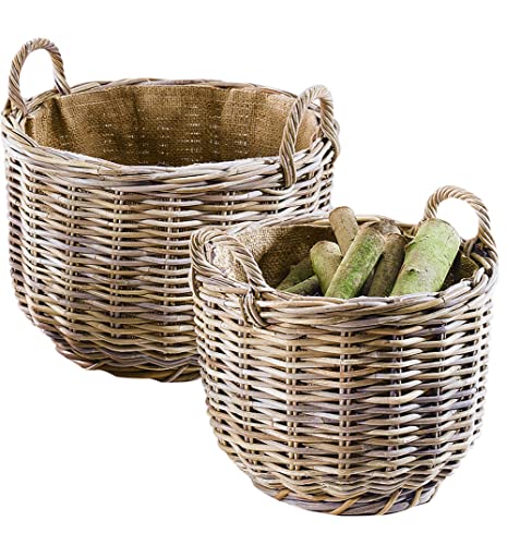 Kobolo Holztrage Holzkorb für Kaminholz Kaminholzkorb - rund, grau - Rattan - 2er Set von Kobolo