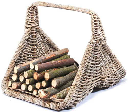 Kobolo Holztrage Holzkorb für Kaminholz - Rattan kubu grey - mit Leinenstoff und Henkel ausgestattet von Kobolo