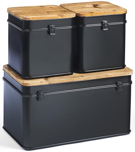 Kobolo Metalltruhe Aufbewahrung Kiste aus Metall im dreier Set - schwarz - mit Holzdeckel - B-Ware von Kobolo
