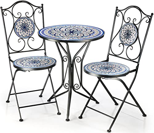 Kobolo Sitzgruppe Gartenmöbel Mosaikoptik - 1 Tisch - 2 Stühle - Metall - blau-weiß von Kobolo