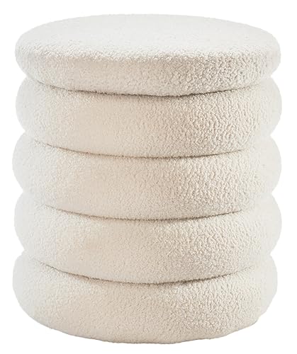 Kobolo Sitzhocker BAHATI, 40x40x43 cm, weiß, runder Polsterhocker aus Bouclé-Teddystoff, gemütlich & modern, mit Stauraum zur Aufbewahrung, skandinavischer Stil von Kobolo