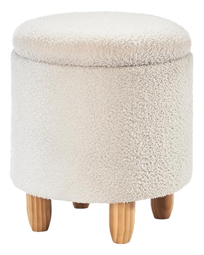 Kobolo Sitzhocker UPENDO, 37x37x43 cm, weiß, runder Polsterhocker aus Bouclé-Teddystoff, gemütlich & modern, mit Stauraum zur Aufbewahrung, skandinavischer Stil von Kobolo