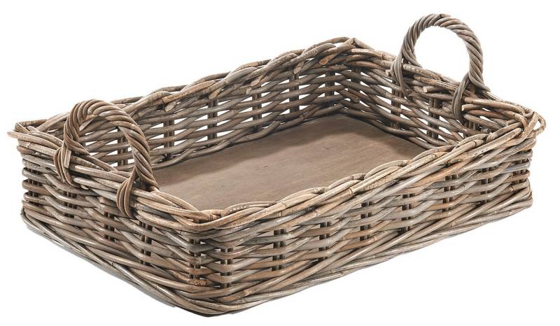 Kobolo Tablett Dekotablett Serviertablett aus Rattan kubu grey ecki, Rattan, (Stück, 1-tlg., Stück), mit Holzboden - 56x38x12 cm von Kobolo