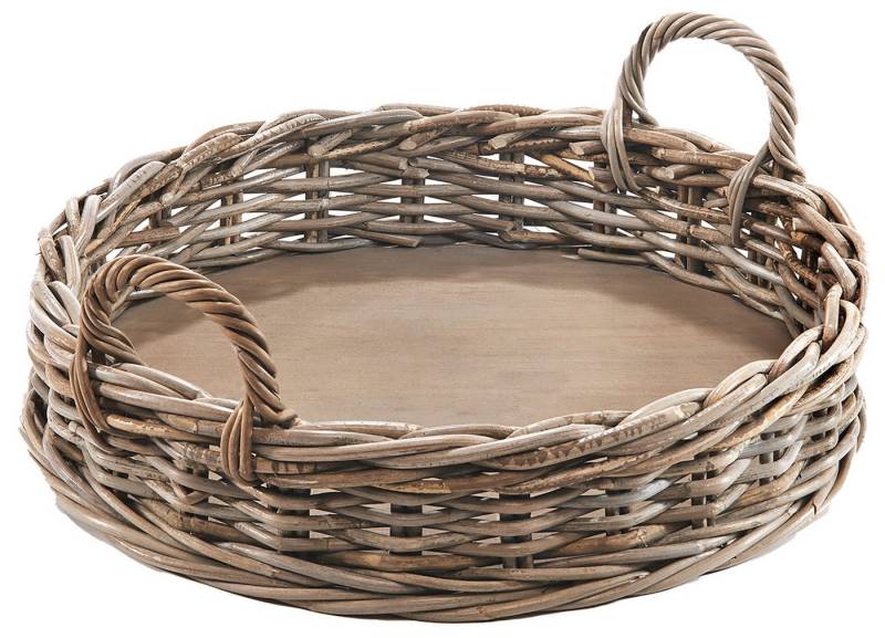 Kobolo Tablett Dekotablett Serviertablett aus Rattan kubu grey rund, Rattan, (1-tlg), mit Holzboden - 48 cm Dm. von Kobolo