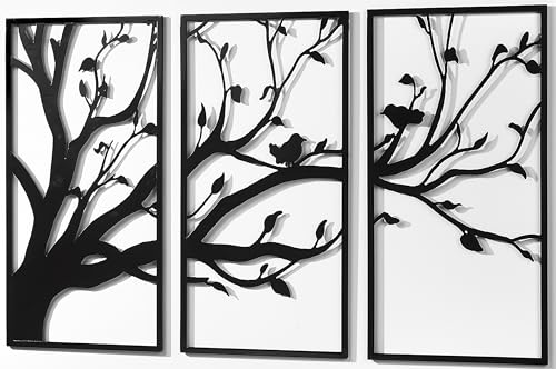 Kobolo Wandbild Wanddeko Metallbild - TREE - Metall - dreiteilig - schwarz - Baum mit Vögeln - XXL von Kobolo