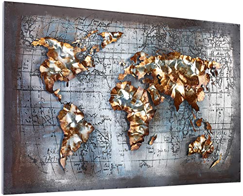 Kobolo Wandbild Wanddeko Metallbild 3D-Bild - WORLD - Metall - grau gold - 108x72 cm von Kobolo