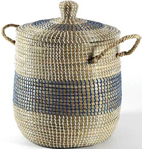 Kobolo Dekorativer Wäschekorb Aufbewahrungskorb aus Seegras mit Deckel und Henkeln im maritimen Design von Kobolo