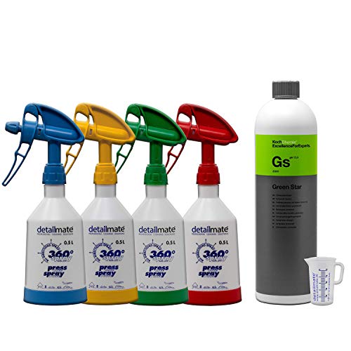 4 Stück Kwazar Mercury Super PRO+ 360 Grad VITON Sprühflasche 0,5 Liter + 1 Liter KOCH Chemie Green Star Universalreiniger + Detailmate 50ml Messbecher von KOCHCHEMIE