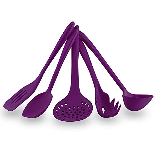 Kochblume Starter-Set - Flexwender & Soßenlöffel L & Schaumlöffel & Pastalöffel & Schöpfkelle L 5er Set | Premium-Silikon | Hitzbeständig | Spülmaschinenfest | Farbe: lila von Kochblume