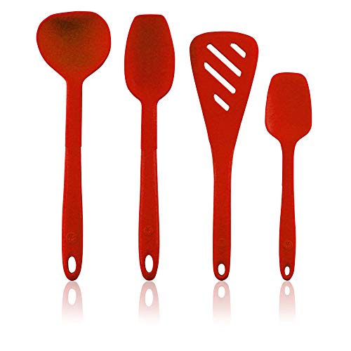 Kochblume Küchenhelfer-Set - Designwender S & Soßenlöffel S & Schöpfkelle S & Flexlöffel S 4er Set | Premium-Silikon | Hitzbeständig | Spülmaschinenfest | Farbe: rot von Kochblume