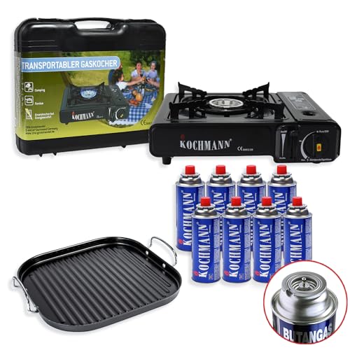 Gaskocher mit Gaskartuschen und Grillaufsatz, Campingkocher, 1 Flamme und Tragekoffer Grillplatte (Gaskocher 8x Gaskartuschen Grillplatte Q) von Kochmann Germany
