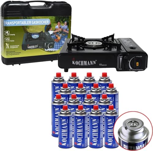 Kochmann® Gaskocher + 16 Gaskartuschen inkl. Tragekoffer, 1-flammig Campingkocher Camping Gas Kocher Kartusche von Kochmann Germany
