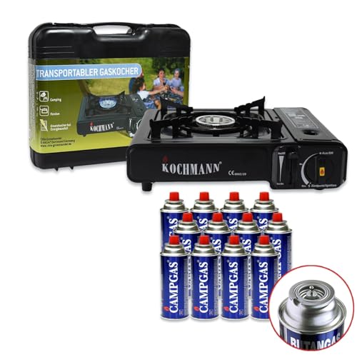 Kochmann® Gaskocher mit 8 Gaskartuschen und Tragetasche – 1-flammiger Campingkocher, mobiler Gaskocher für Outdoor, Camping und Reisen von Kochmann Germany
