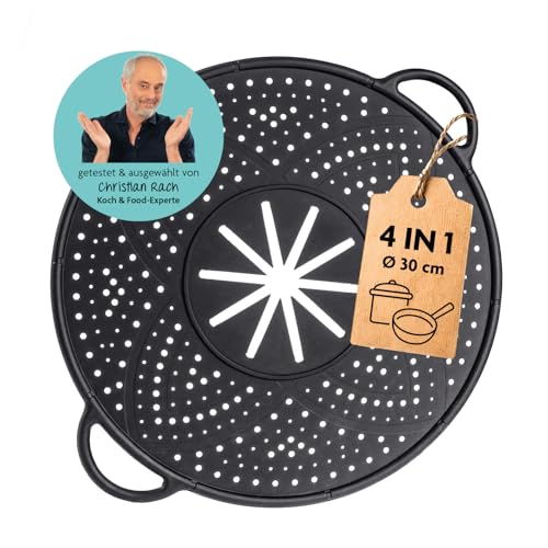 Kochwerk RACHS Silikon Spritzschutz für Pfanne, Topf & Co. – Küchen Spritzschutz Silikon mit Ø 30 cm | 4-in-1 Anti-Spritz Deckel: Dampfgarer, Spritzschutz, Untersetzer & Abgießhilfe von Kochwerk