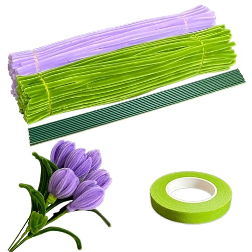 Kococaty Pfeifenreiniger zum Basteln Set, 200 Stück in 2 Farben Pfeifenputzer zum basteln, Pfeifenreiniger Blumen Set mit Blumendraht, Klebebandrollen für Blumenstrauß DIY Basteln Handmade Projekte von Kococaty