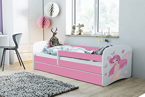 Bjird Kinderbett Jugendbett 70x140 80x160 80x180 Rosa mit Rausfallschutz Schublade und Lattenrost Kinderbetten für Mädchen - Fee mit Schmetterlingen 180 cm von Bjird