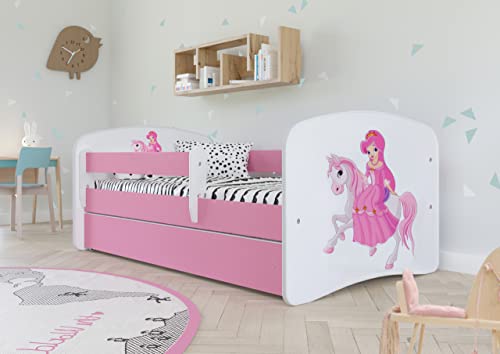 Bjird Kinderbett Jugendbett 70x140 80x160 80x180 Rosa mit Rausfallschutz Schublade und Lattenrost Kinderbetten für Mädchen - Prinzessin auf dem Pony 140 cm von Bjird