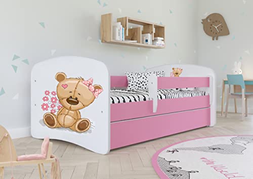Kinderbett Jugendbett 70x140 80x160 80x180 Rosa mit Rausfallschutz Schublade und Lattenrost Kinderbetten für Mädchen - Teddybär mit Blumen 180 cm von Bjird