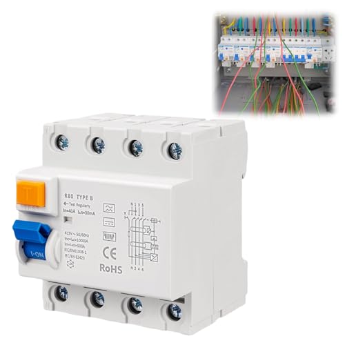Kocusu FI Schutzschalter Typ B 63A 30mA 4-Polig + DC 6mA,Fehlerstromschutzschalter mit IP20,Allstromsensitiv Schalter mit Automatischer Sicherung für Wallboxen,Ladesäule,Wechselrichter Kocusu FI Schutzschalter Typ B 63A 30mA 4-Polig + DC 6mA,Fehlerstromschutzschalter mit IP20,Allstromsensitiv Schalter mit Automatischer Sicherung für Wallboxen,Ladesäule,Wechselrichter von Kocusu