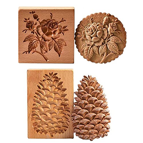 Kocusu Plätzchenformen aus Holz,Keksformen Tannenzapfen Rose,Holzbackform Cookie Cutter,Plätzchen Ausstecher,Ausstechform aus Holz,3D Geschnitzt für Muffin,Keks,2 Stück von Kocusu