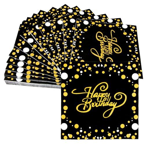 Servietten Geburtstag Happy Birthday, 40 Stück Servietten Schwarz Gold Papierservietten schwarze deko für Geburtstag Konfetti Party Deko Geburtstagsfeier Tischdekoration Familientreffen (33cm*33cm) von Kodwis