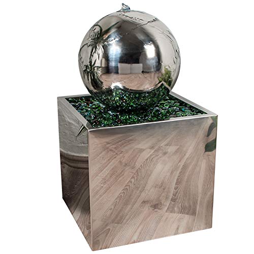 Köhko® Springbrunnen Ø 20 cm mit LED-Beleuchtung in eckigen Edelstahlbecken hochglanzpoliert 21015 Gartenbrunnen aus Edelstahl von Köhko