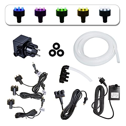 Köhko komplett Pumpe Set 1500L/H für Springbrunnen Gartenbrunnen inkl. 3 LED-Beleuchtung (Warmweiß), 3 Wege Wasserverteiler, Schlauch, 5m Verlängerungskabel, Tarfo und Schaumdichtung von Köhko