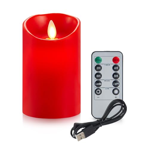 Koelaa Wiederaufladbare LED Kerzen, Rote LED Kerze, Aufladbare LED Kerzen, LED Flammenlose Kerzen Flackern mit Fernbedienung und Timer, LED Kerzen für Party, Weihnachtsdekoration-7.5 * 15cm von Koelaa
