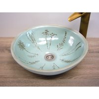 Aufsatz-Waschbecken, Handgemachte Keramik, 39x12, 5 cm, Braun Patinierte Wiesenblumen in Glänzenden Mintfarbenen Glasur von Koelnikat