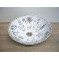 Handgefertigtes Waschbecken Aus Keramik, Wiesenblumen, 39x12, 5 cm, Weiss-Glänzende Glasur Mit Brauner Patina, Moderner Landhausstil, Unikat von Koelnikat