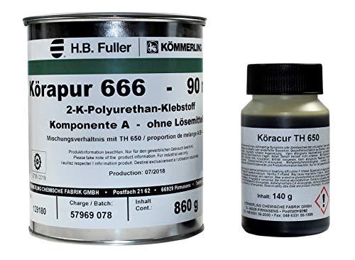 Kömmerling Körapur Reaktionsklebstoff 666/90 (860 Gramm) und Köracur TH650 (140 Gramm) Komplett Set - Polyurethan, Paste, Transparent, Wasserfest, Industrieller Reaktionsklebstoff, Klebstoff von Kömmerling