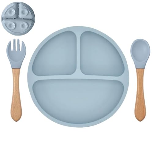 Babyteller Kinderteller mit Saugnapf, Kleinkinder Teller mit Löffel Gabel, Silikon Rutschfester, 197 * 34mm Babyteller BPA Frei, Baby Tischset für Baby und Kinder (Blau) von König Design