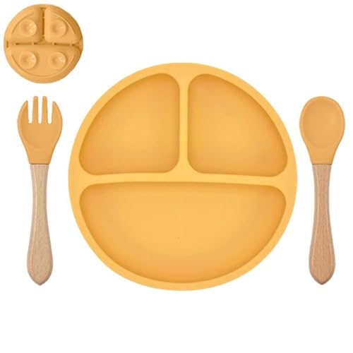 Babyteller Kinderteller mit Saugnapf, Kleinkinder Teller mit Löffel Gabel, Silikon Rutschfester, 197 * 34mm Babyteller BPA Frei, Baby Tischset für Baby und Kinder (Gelb) von König Design