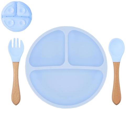 Babyteller Kinderteller mit Saugnapf, Kleinkinder Teller mit Löffel Gabel, Silikon Rutschfester, 197 * 34mm Babyteller BPA Frei, Baby Tischset für Baby und Kinder (Hellblau) von König Design