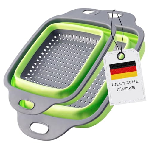 Faltbarer Seiher Sieb, Küche Silikon Klappbar Abtropfsieb Nudelsieb Set, Küchensieb Abwaschschüssel von Nudeln, Obst, Gemüse, 2 Größe (24.5+29.2cm) (Grün Rechteckig) von König Design