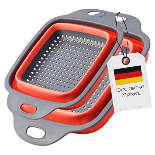 Faltbarer Seiher Sieb, Küche Silikon Klappbar Abtropfsieb Nudelsieb Set, Küchensieb Abwaschschüssel von Nudeln, Obst, Gemüse, 2 Größe (24.5+29.2cm) (Rot Rechteckig) von König Design