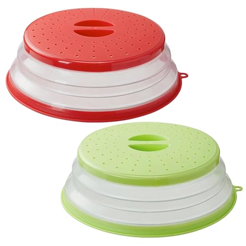 König Design 2 Stück Mikrowellen Abdeckung Faltbar, Deckel für Mikrowelle, Abdeckhaube für Mikrowellendeckel, Hoch Mikrowellen Spritzschutz, Faltbare Mikrowellenabdeckung mit 2 Haken Rot & Grün von König Design