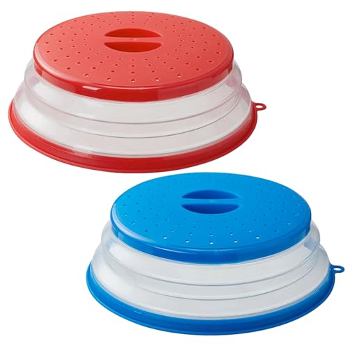 König Design 2 Stück Mikrowellen Abdeckung Faltbar, Deckel für Mikrowelle, Abdeckhaube für Mikrowellendeckel, Hoch Mikrowellen Spritzschutz, Faltbare Mikrowellenabdeckung mit 2 Haken Rot & Blau von König Design