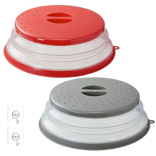 König Design 2 Stück Mikrowellen Abdeckung Faltbar, Deckel für Mikrowelle, Abdeckhaube für Mikrowellendeckel, Hoch Mikrowellen Spritzschutz, Faltbare Mikrowellenabdeckung mit 2 Haken Rot & Grau von König Design