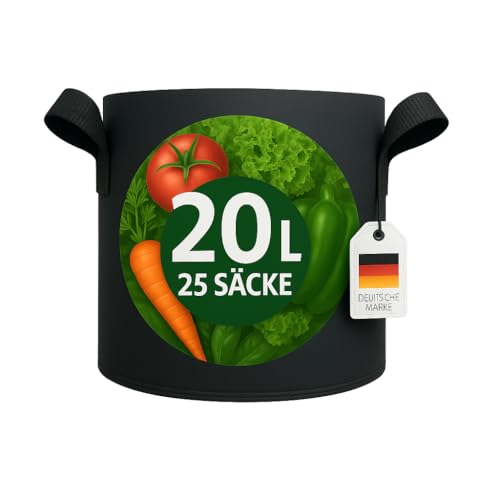 König Design 25x 20L Pflanzsack aus Vlies Stoff - 25er Set 20L Pflanztaschen aus 300 g/m² Filz & Vliesstoff - Pflanzgefäß Pflanzbeutel für Balkon Terrasse Gewächshaus & Garten von König Design