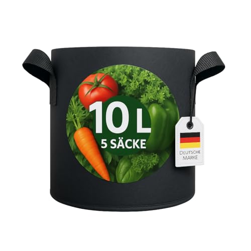 König Design 5X 10L Pflanzsack aus Vlies Stoff - 5er Set 10L Pflanztaschen aus 300 g/m² Filz & Vliesstoff - Pflanzgefäß Pflanzbeutel für Balkon Terrasse Gewächshaus & Garten von König Design