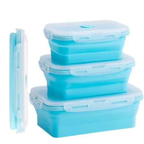 König Design Faltbare Frischhalteboxen 4 Stück Faltbare Frischhaltedosen Brotdosen aus Silikon Faltbare Silikon Brotbox Silikon Frischhaltedosen Faltbare Set (Blau) von König Design