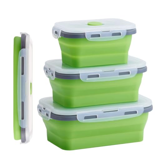König Design Faltbare Frischhalteboxen 4 Stück Faltbare Frischhaltedosen Brotdosen aus Silikon Faltbare Silikon Brotbox Silikon Frischhaltedosen Faltbare Set (Grün) von König Design