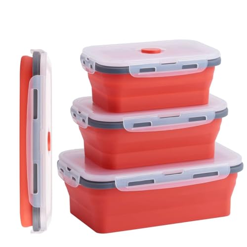 König Design Faltbare Frischhalteboxen 4 Stück Faltbare Frischhaltedosen Brotdosen aus Silikon Faltbare Silikon Brotbox Silikon Frischhaltedosen Faltbare Set (Rot) von König Design