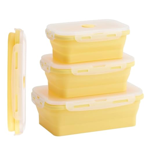 König Design Faltbare Frischhalteboxen 4 Stück Faltbare Frischhaltedosen Brotdosen aus Silikon Faltbare Silikon Brotbox Silikon Frischhaltedosen Silikon Faltbare Set (Gelb) von König Design