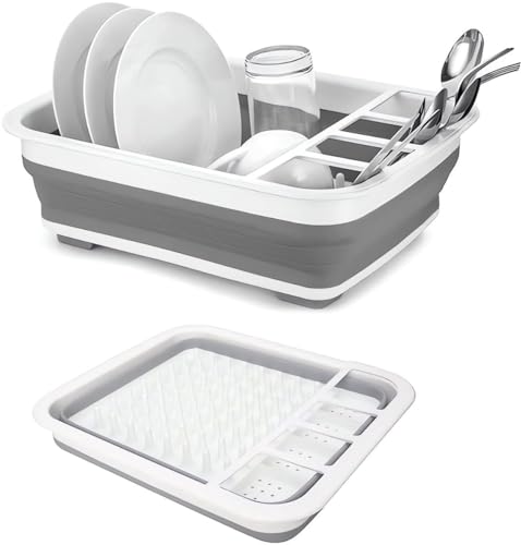 König Design Faltbarer Geschirrständer Abtropfgestell Klein für Camping - Geschirrabtropfgestell, Geschirrtrockner Abtropfgestell Abtropfgitter Spüle Abtropfschale Geschirr & Besteck (520g) Grau-Weiß von König Design